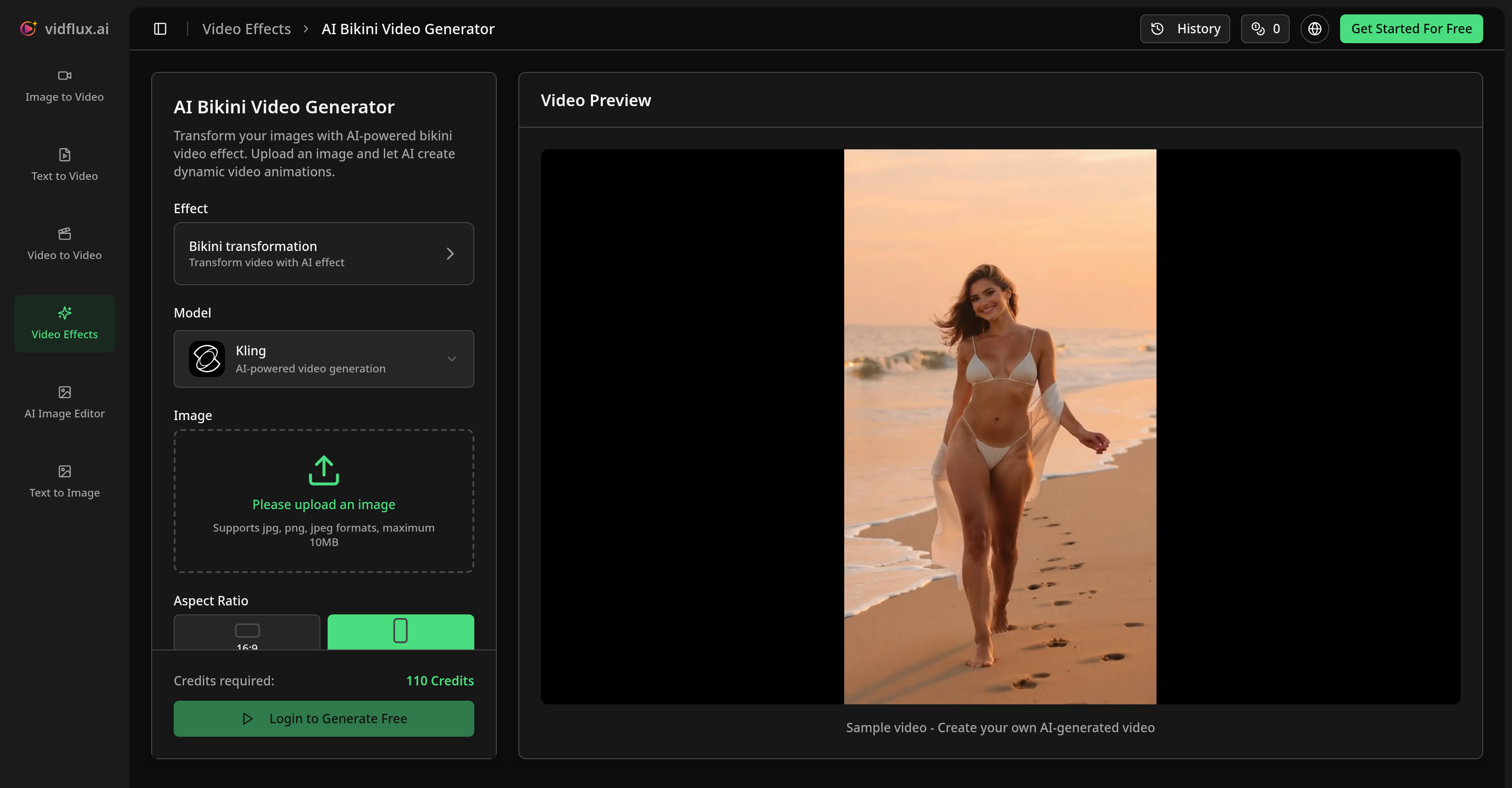 Vidflux - Bikini Video Generator - Screenshot showing the interface and features of this AI tool