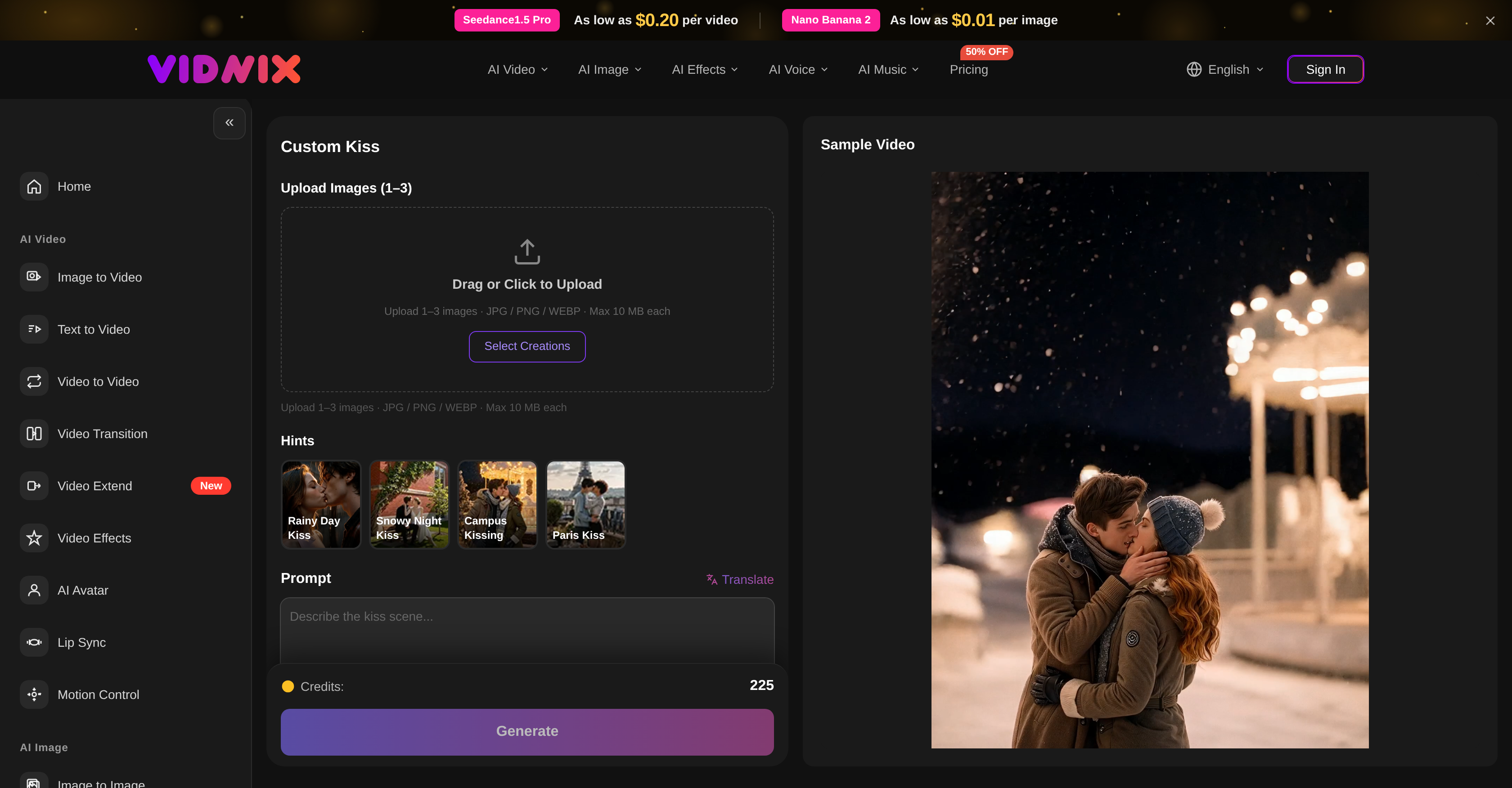 Vidnix | AI Custom Kiss - Screenshot showing the interface and features of this AI tool