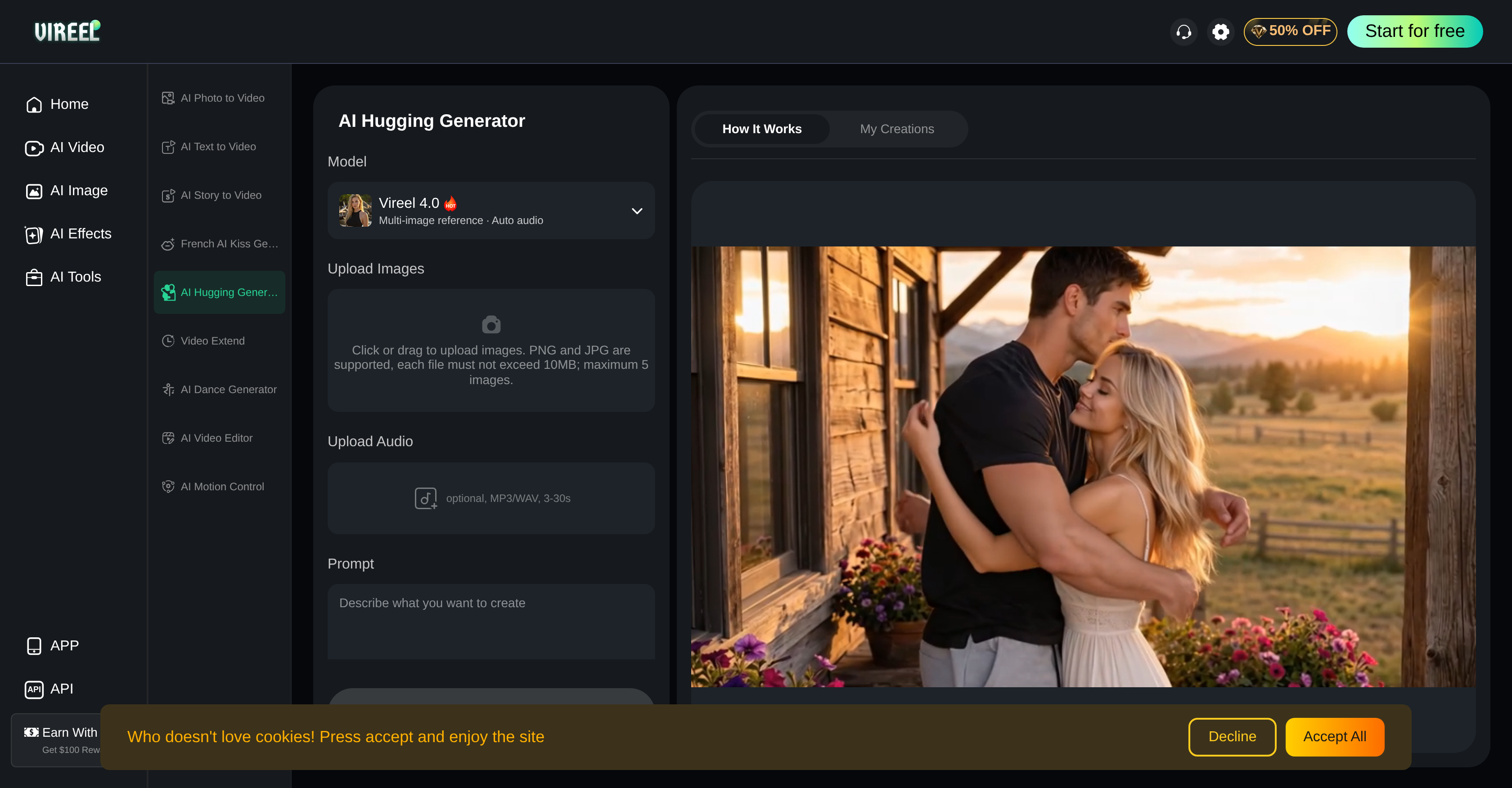 Vireel AI Hugging Generator - Screenshot showing the interface and features of this AI tool