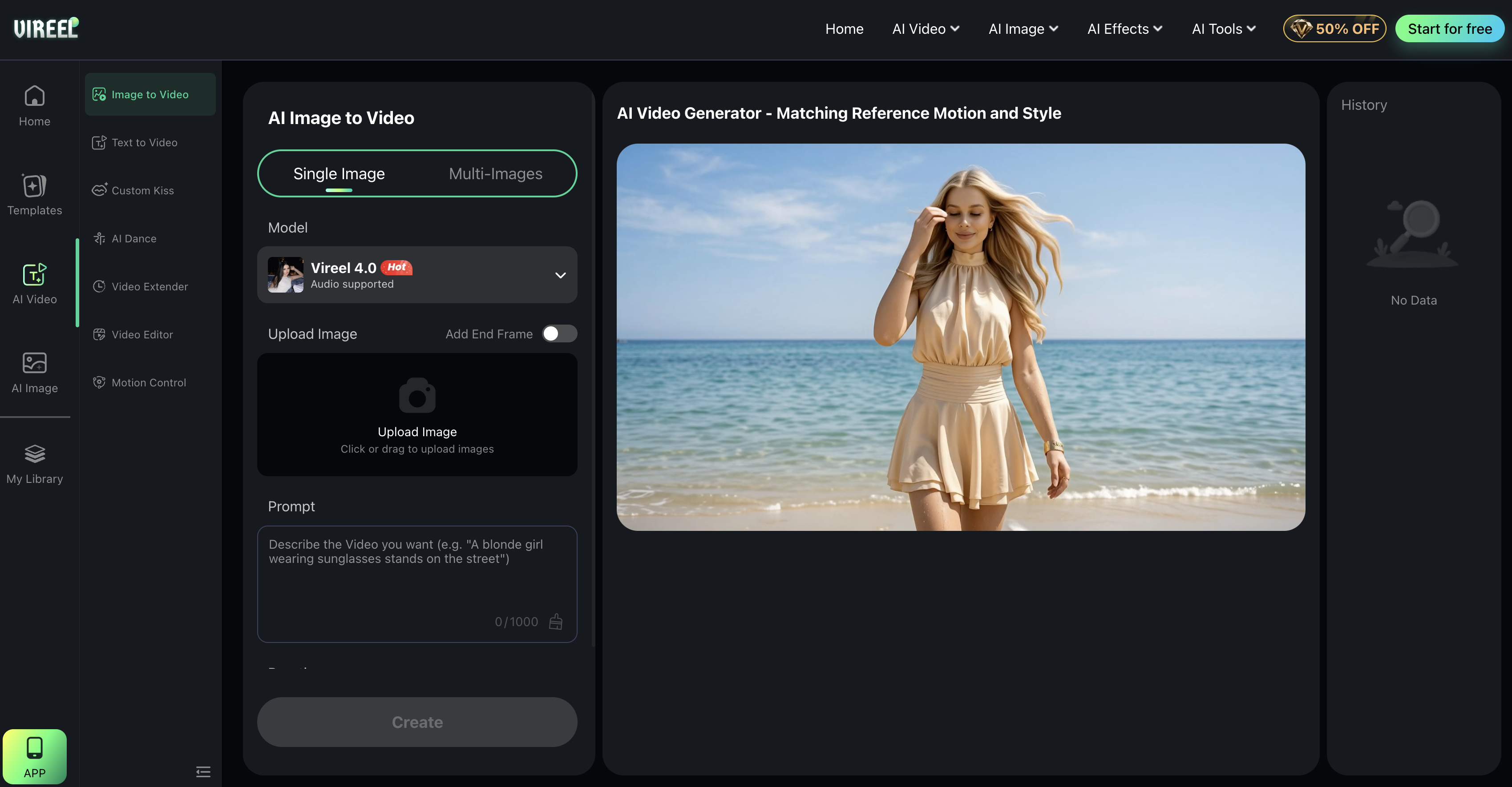 Vireel AI Image to Video Generator - Screenshot showing the interface and features of this AI tool
