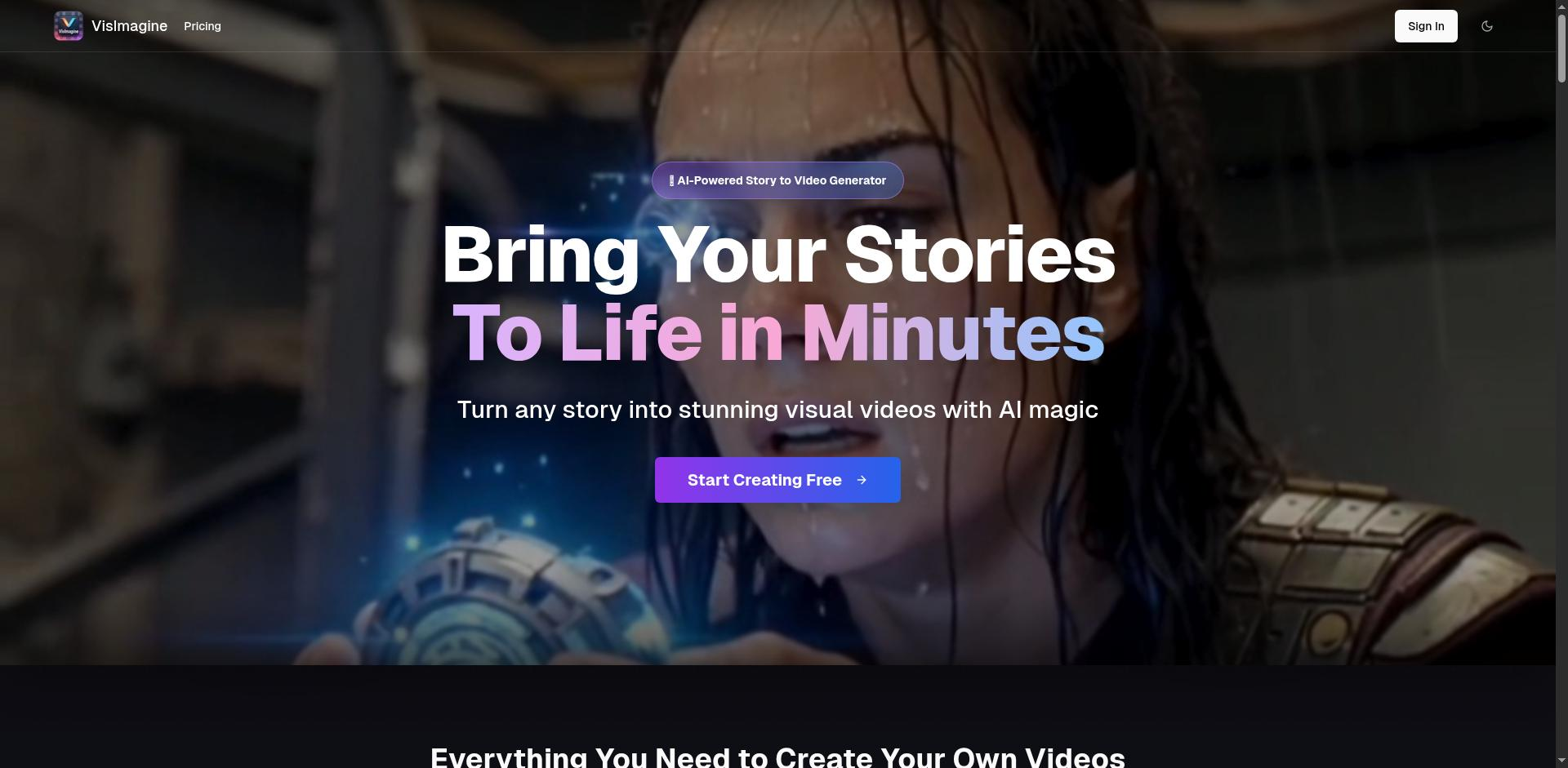 VisImagine - AI VIdeo Creation Platform - Screenshot showing the interface and features of this AI tool