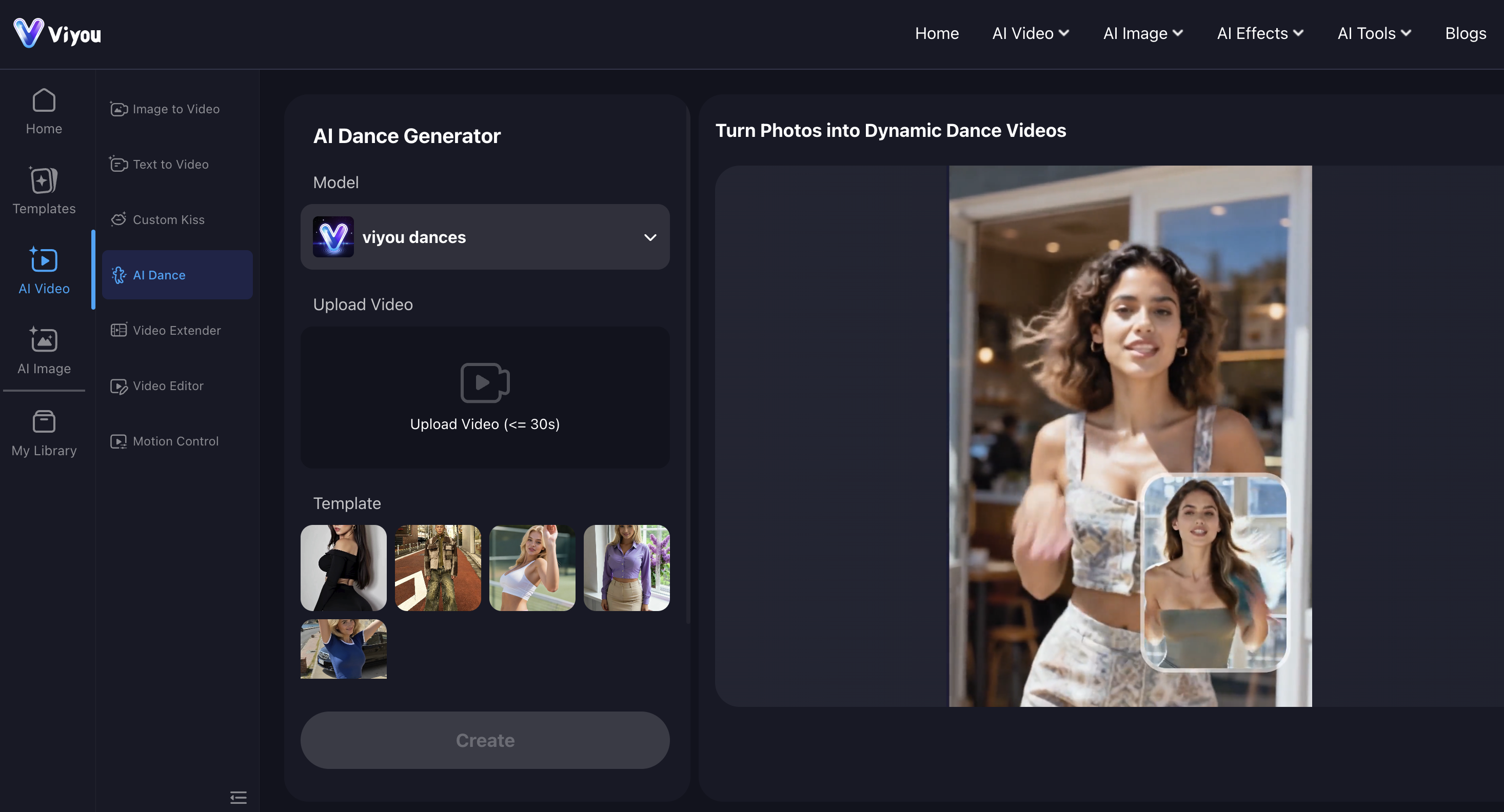 Viyou AI Dance Generator - Screenshot showing the interface and features of this AI tool