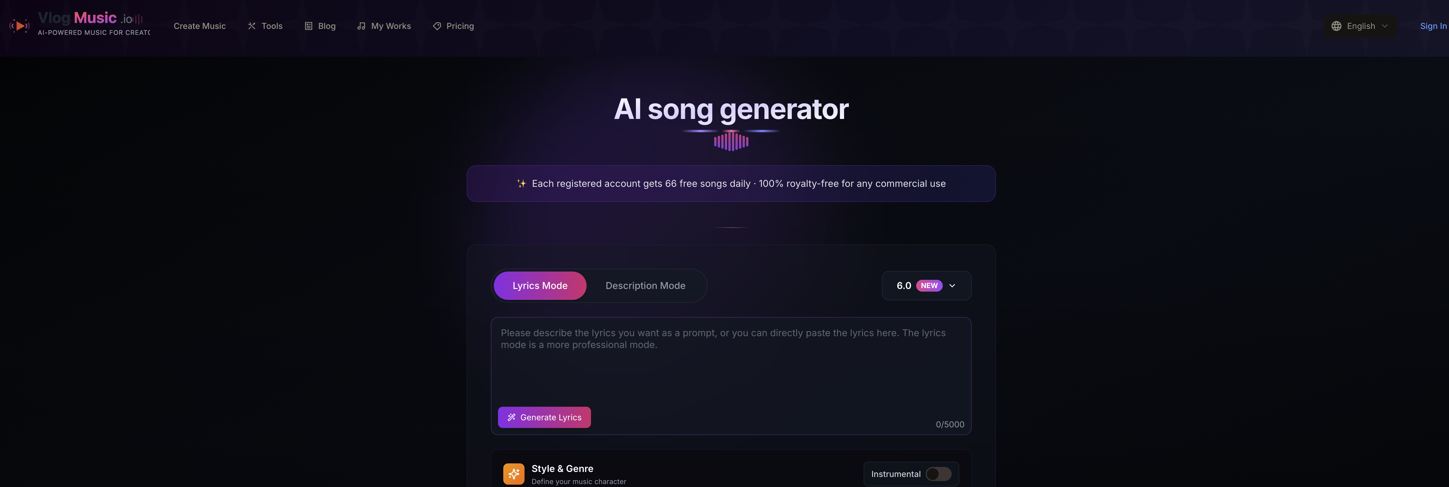 VlogMusic.io - Screenshot showing the interface and features of this AI tool