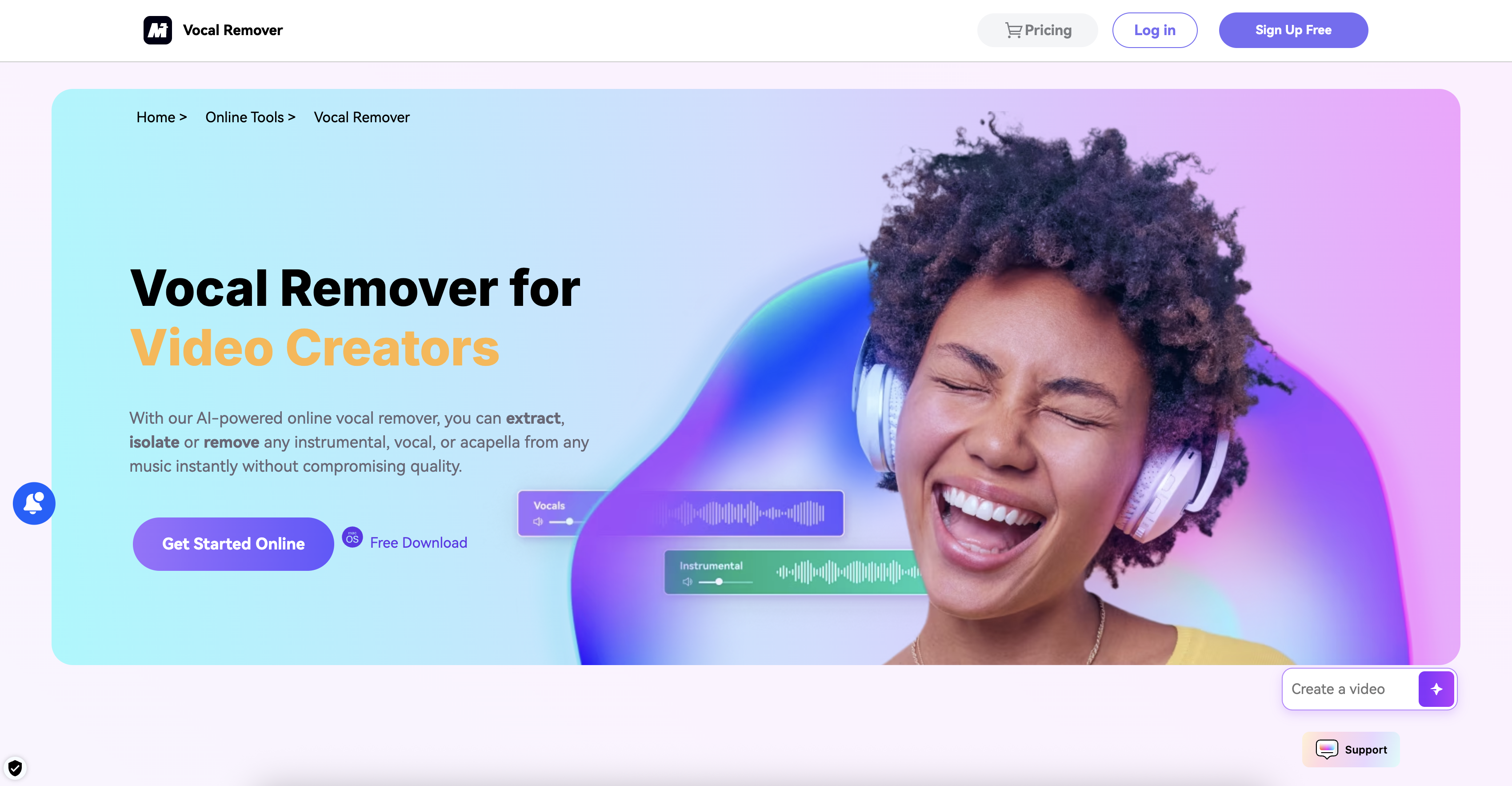 Vocal Remover by Media.io - Screenshot showing the interface and features of this AI tool