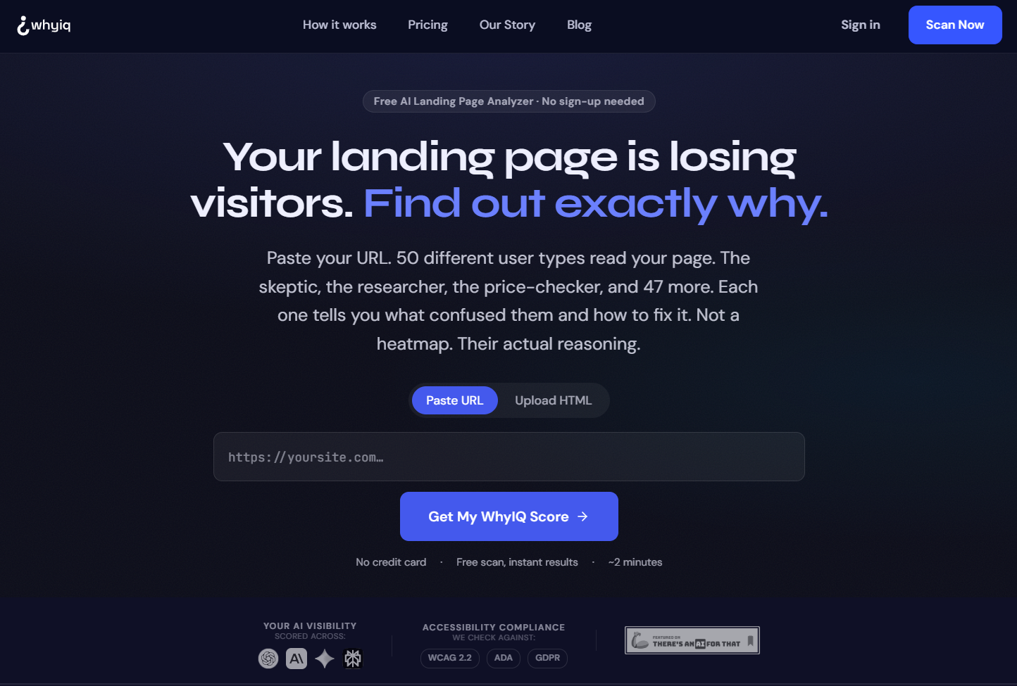 WhyIQ - Your Website is Losing Visitors, Find out WHY - Screenshot showing the interface and features of this AI tool