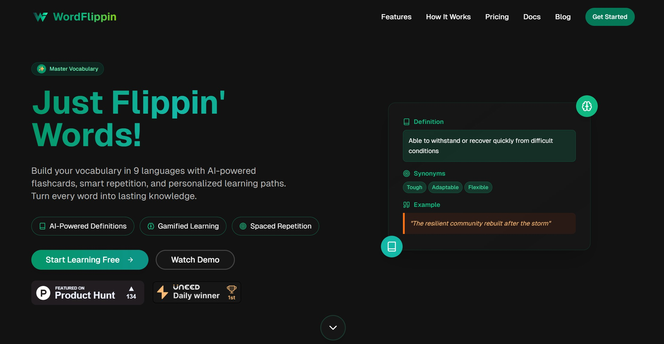 WordFlippin - Screenshot showing the interface and features of this AI tool