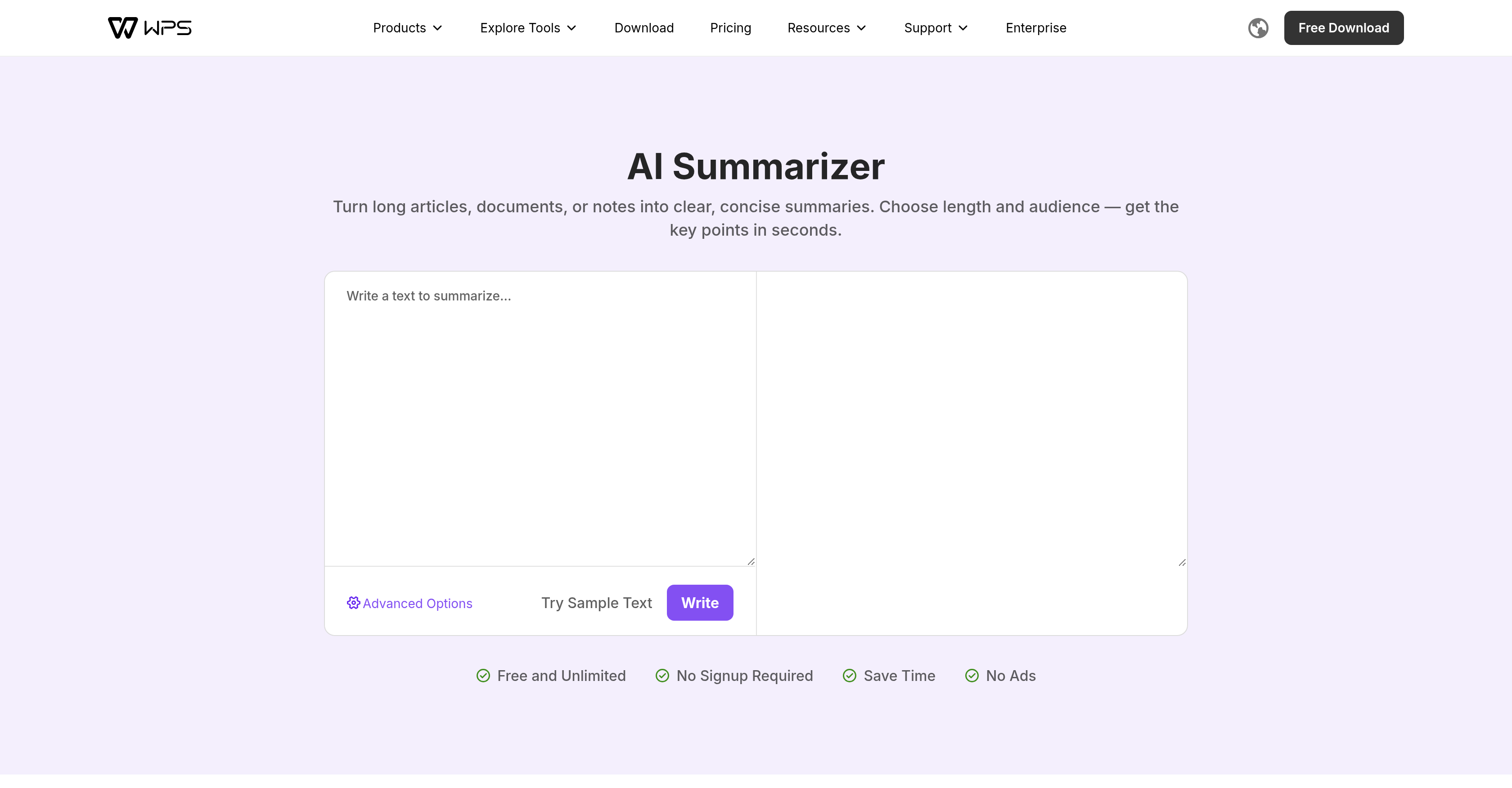 WPS | AI Summarizer - Screenshot showing the interface and features of this AI tool