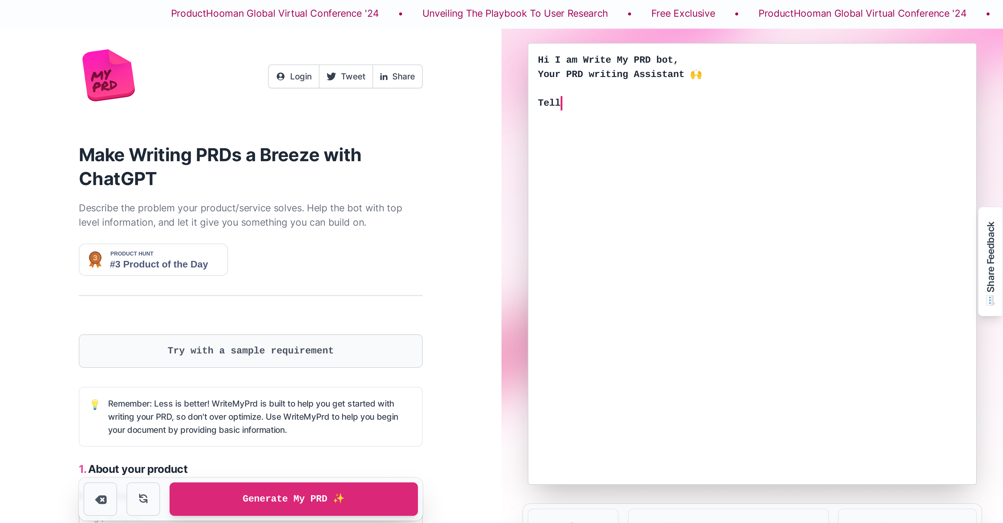 Write My PRD - Screenshot showing the interface and features of this AI tool