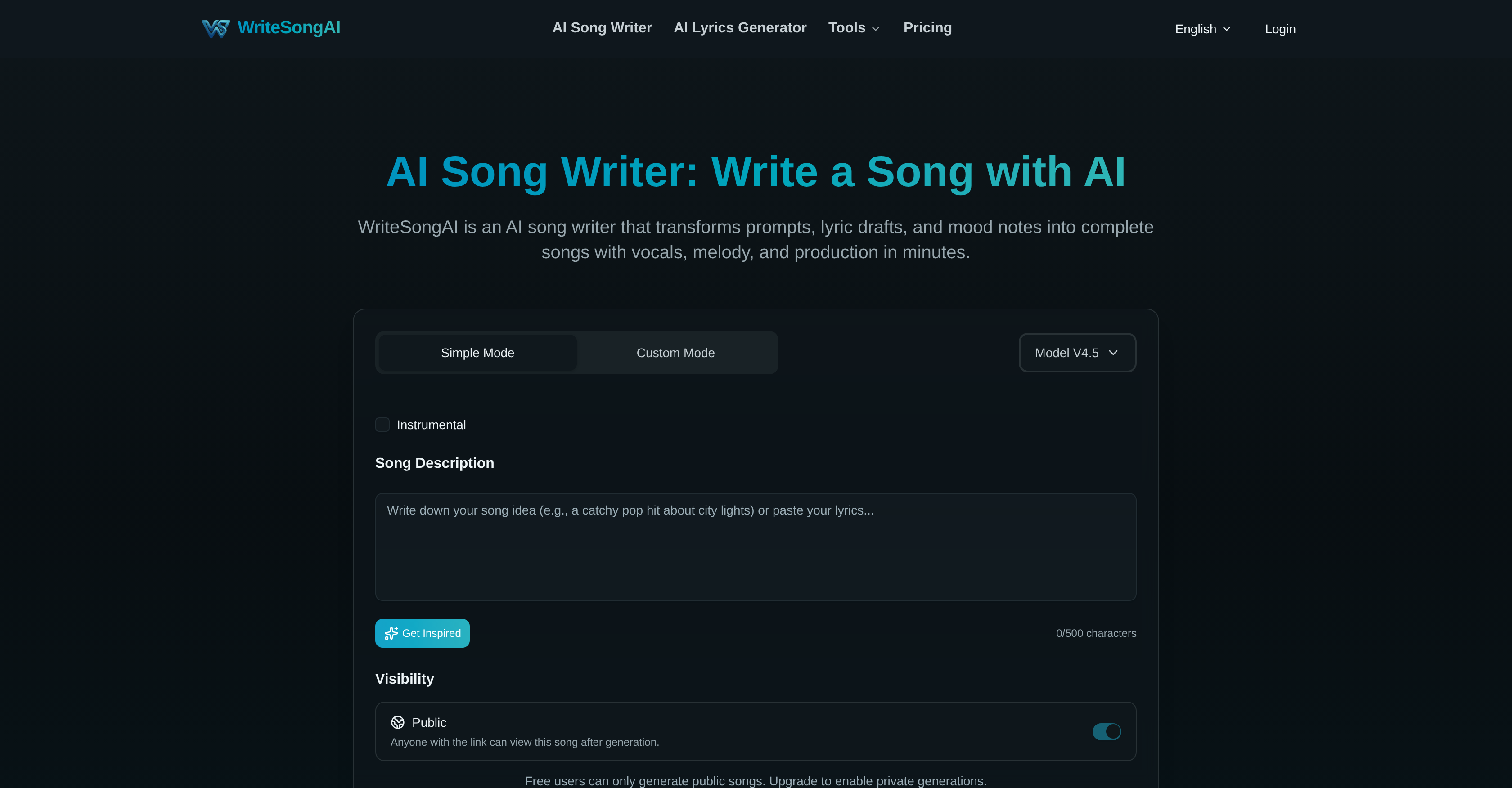 WriteSong AI - Screenshot showing the interface and features of this AI tool