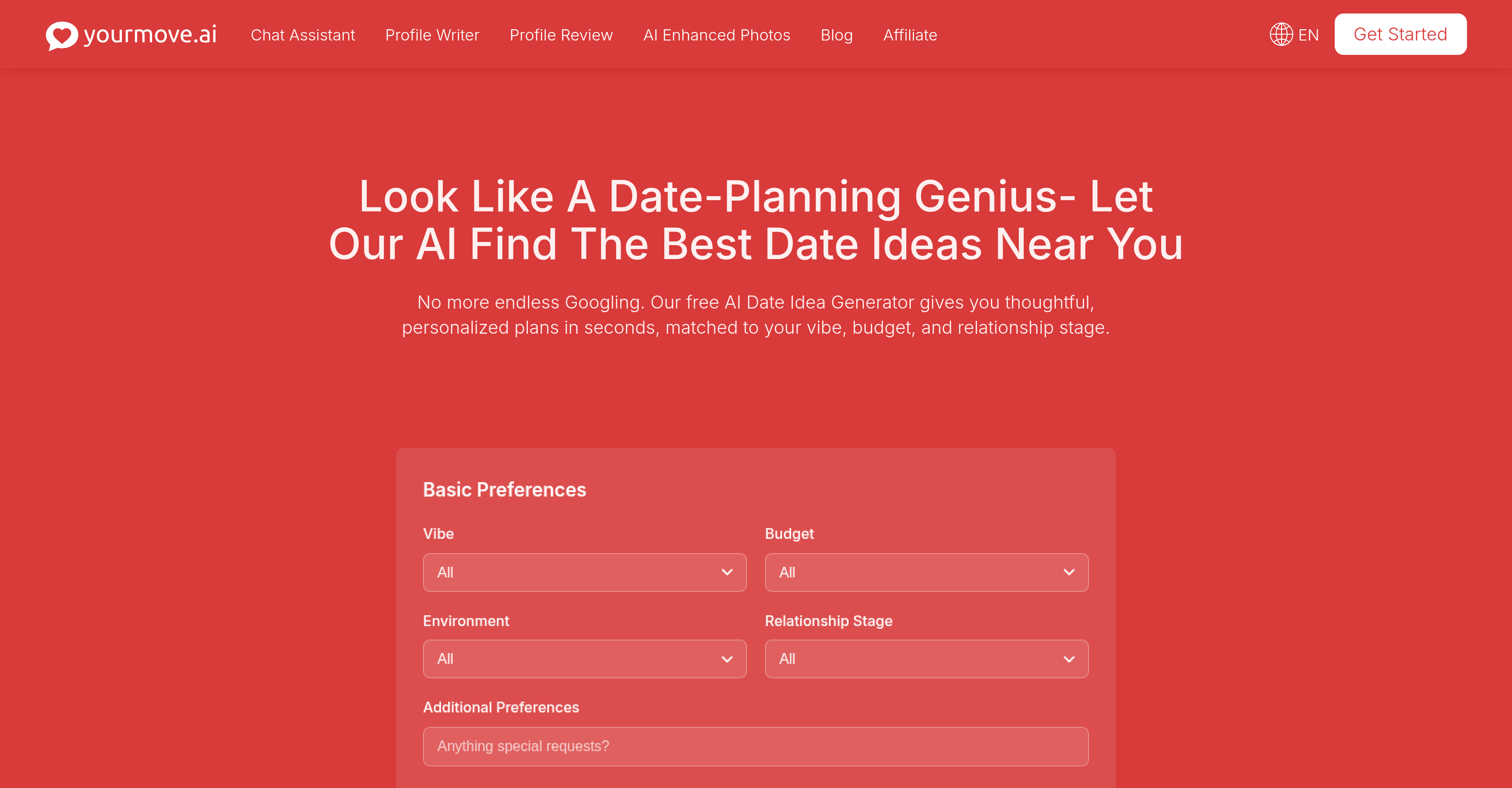 YourMove Date Ideas - Screenshot showing the interface and features of this AI tool