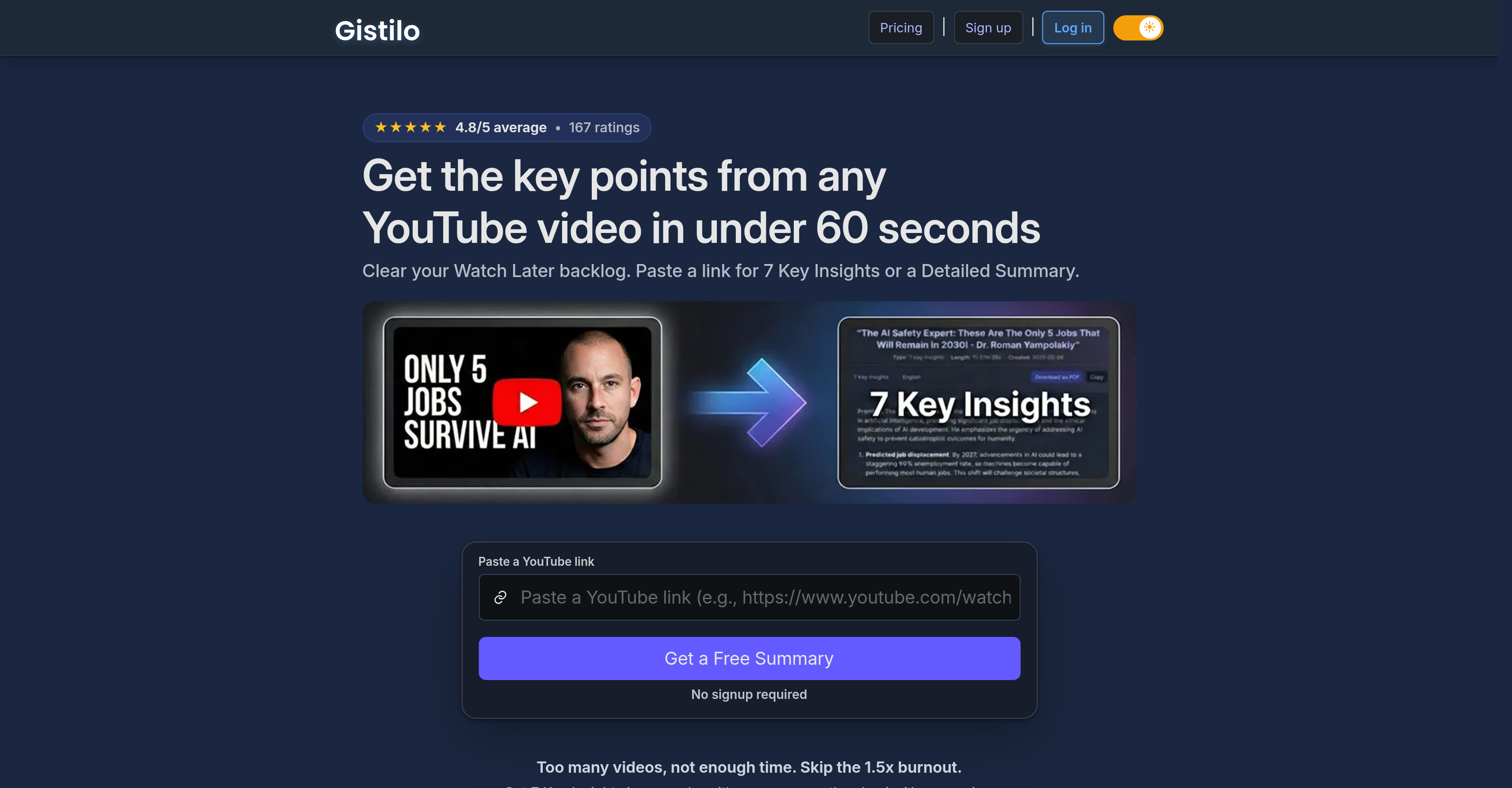 YouTube Summarizer by Gistilo - Screenshot showing the interface and features of this AI tool