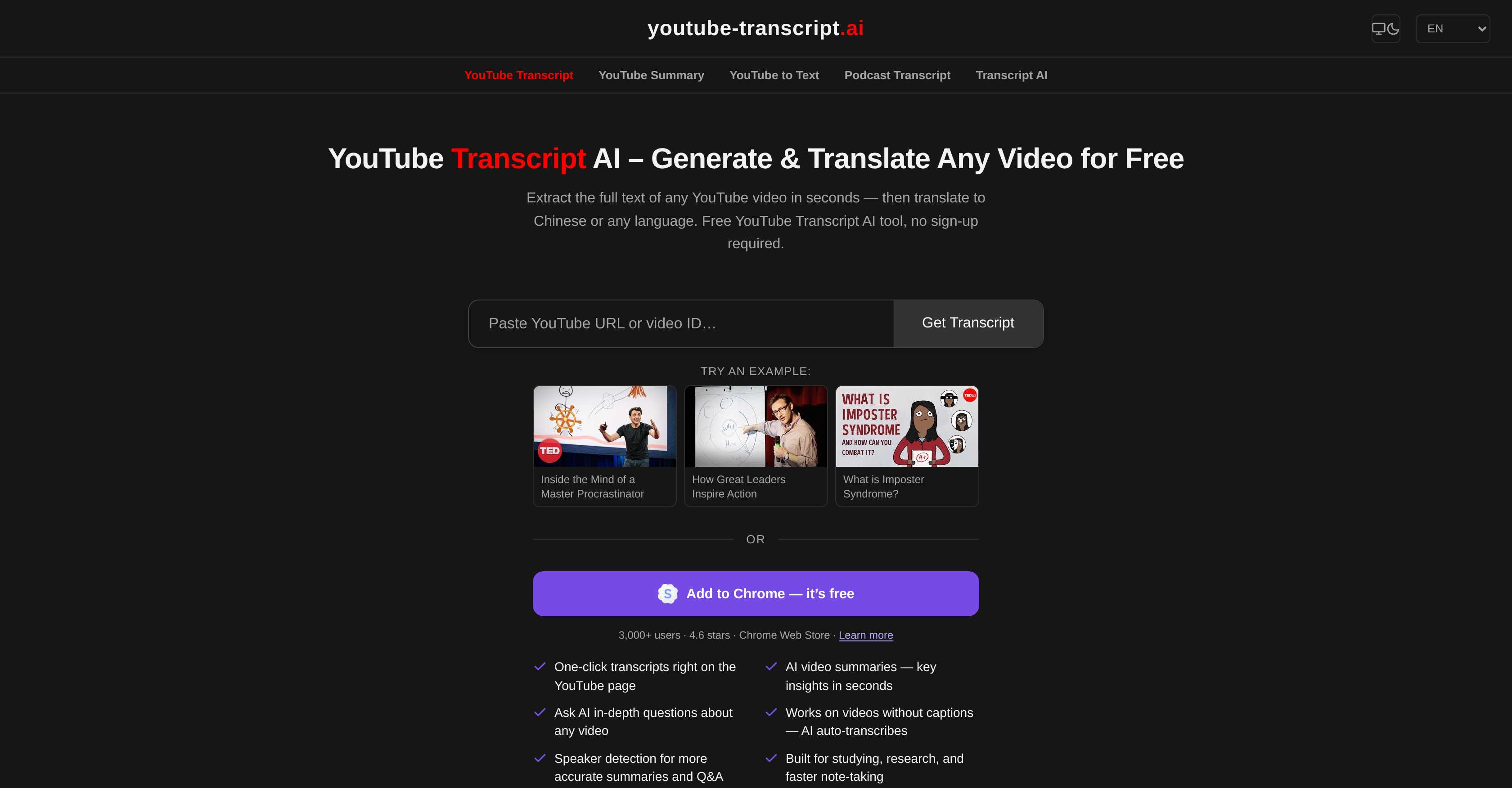 YouTube Transcript AI - Screenshot showing the interface and features of this AI tool
